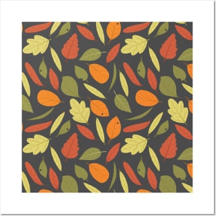 Autumn leaves pattern gray background Posters and Art